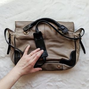 J Crew Taupe/Black Leather Satchel Tote Hobo Purse